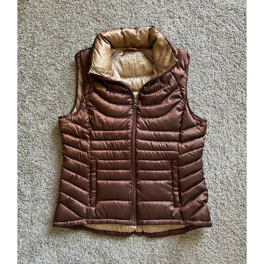 Bernardo Women's M Goose Down Quilted Full Zip Puffer Vest Metallic Brown/Beige
